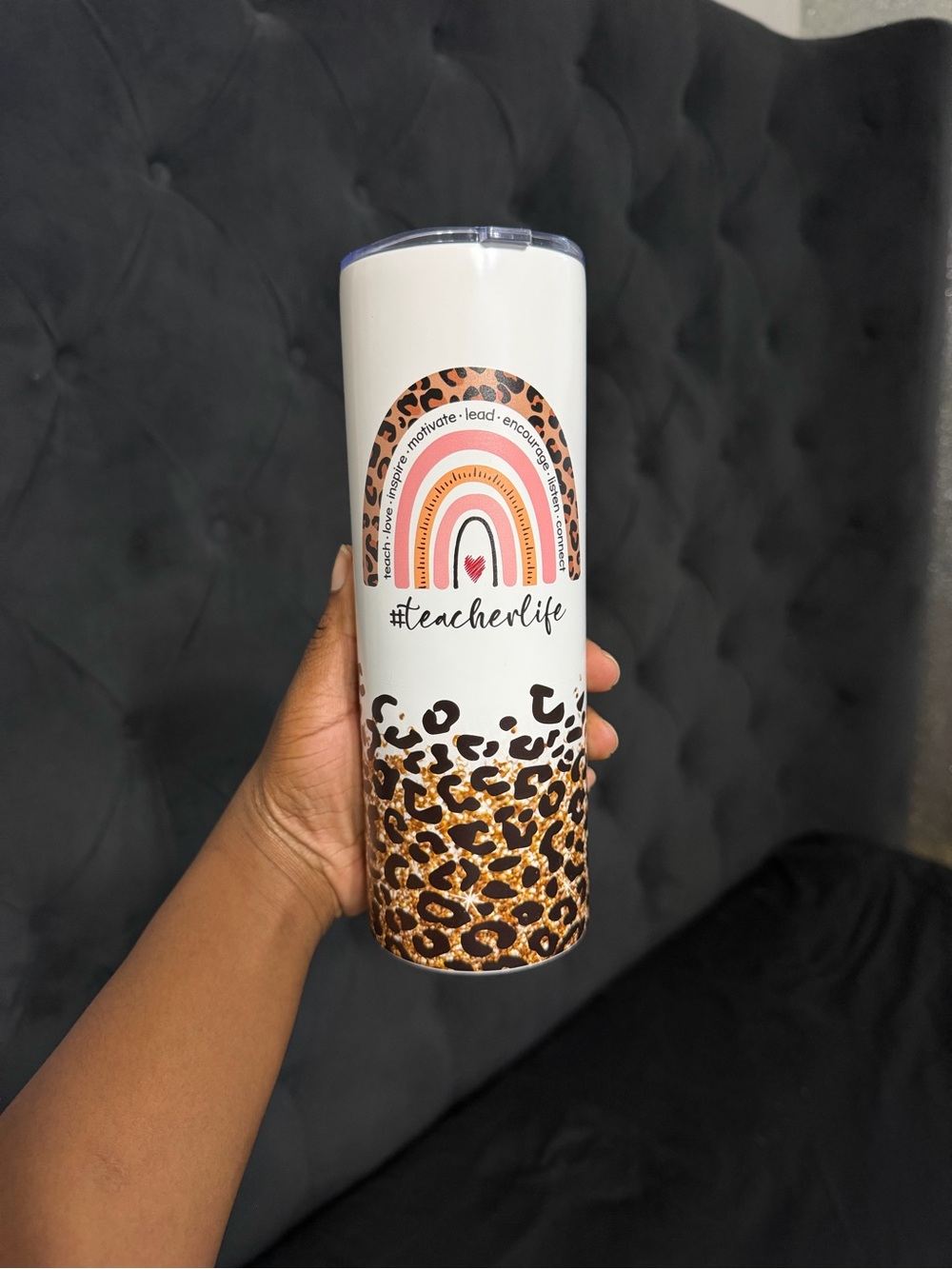 #teacherlife Leopard Accent White Tumbler